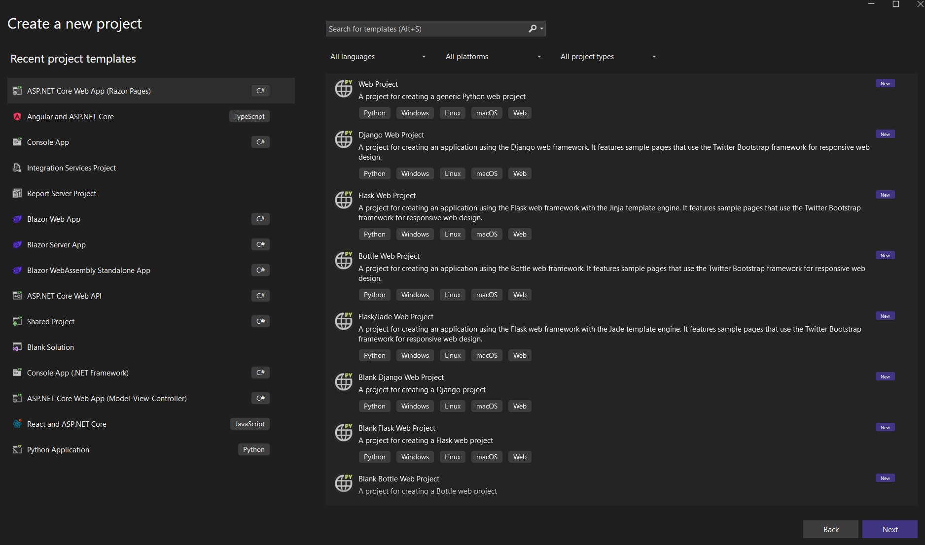 Screenshot of Microsoft Visual Studio Create a Project Screen