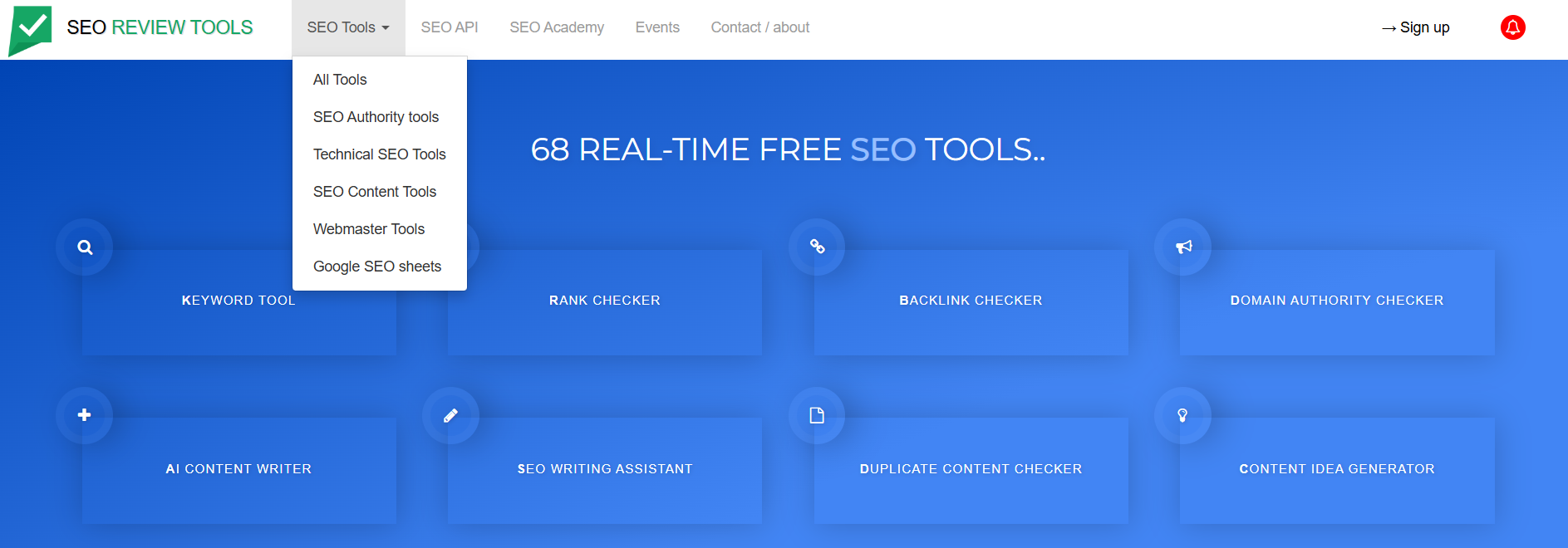 SEO Review Tools homepage showcasing 68 real-time free SEO tools, including keyword tool, rank checker, backlink checker, domain authority checker, AI content writer, and SEO writing assistant.