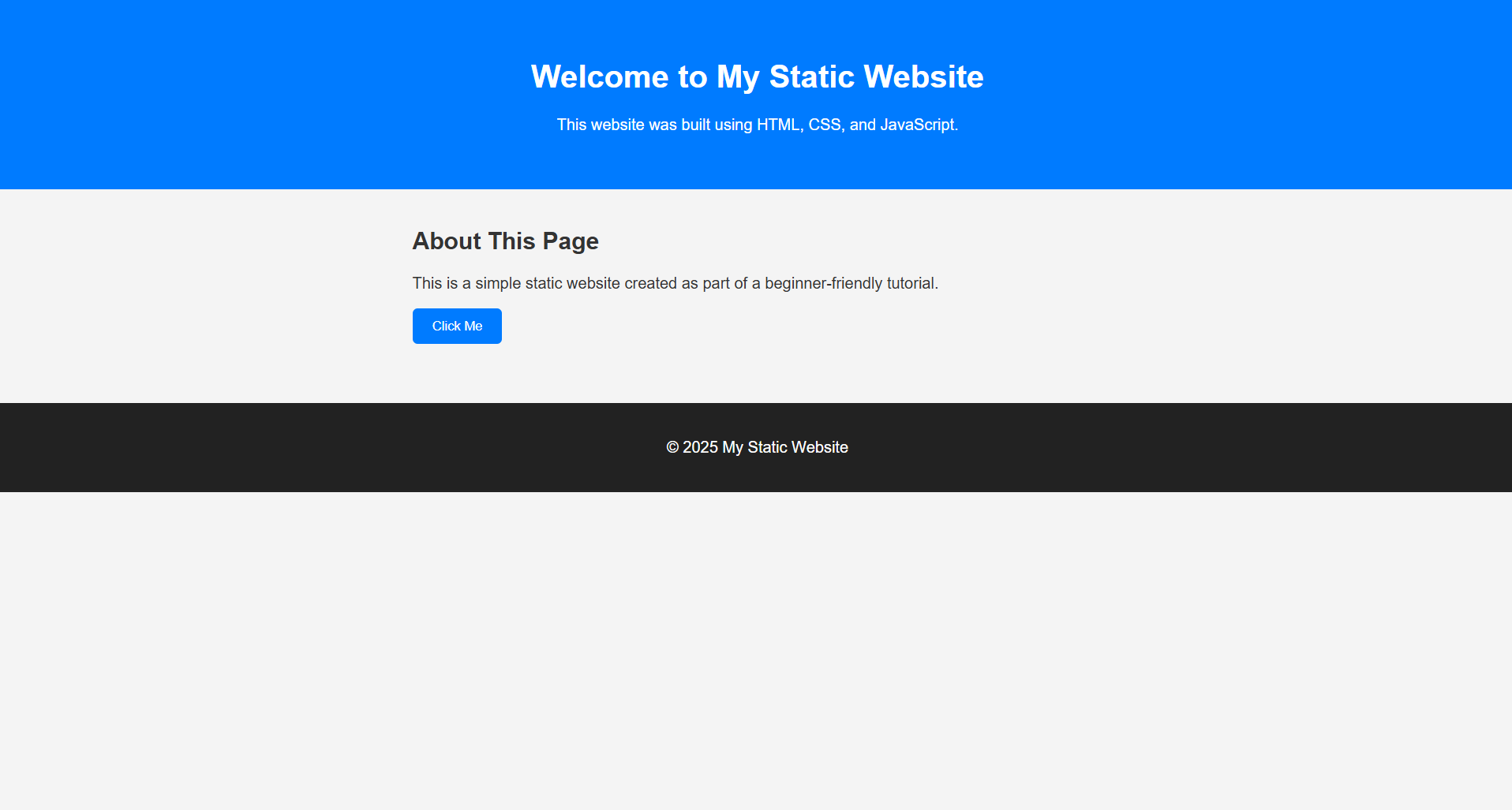 Simple static website example built with HTML, CSS, and JavaScript featuring a blue header, content section, and footer.